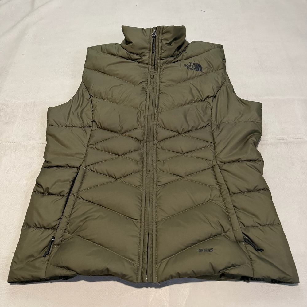 North Face 550 Down Bubble Puffer Vest Women Olive Zip Quilt Preppy Y2K-M-6304